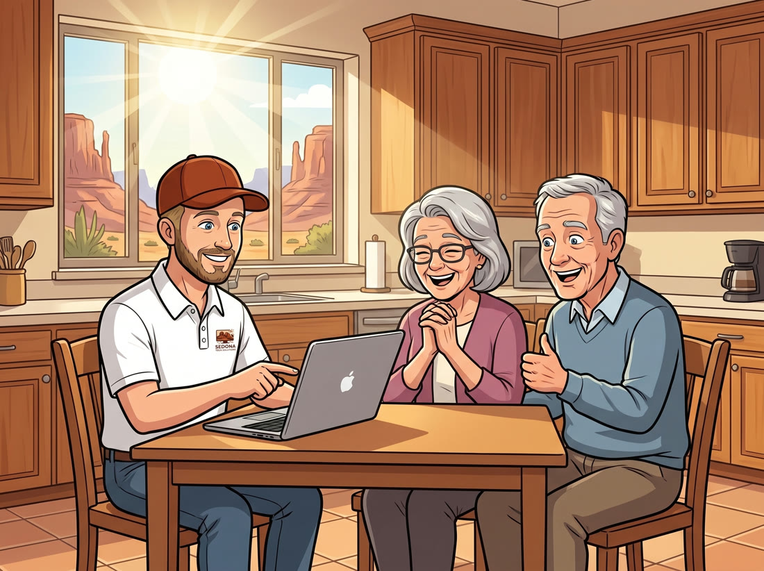 Cartoon: Red Rock Buddy beside the same couple, now smiling and relieved at their laptop